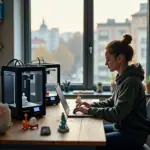 Мастерская малого бизнеса с настольными 3D принтерами, напечатанными изделиями и предпринимателем за ноутбуком