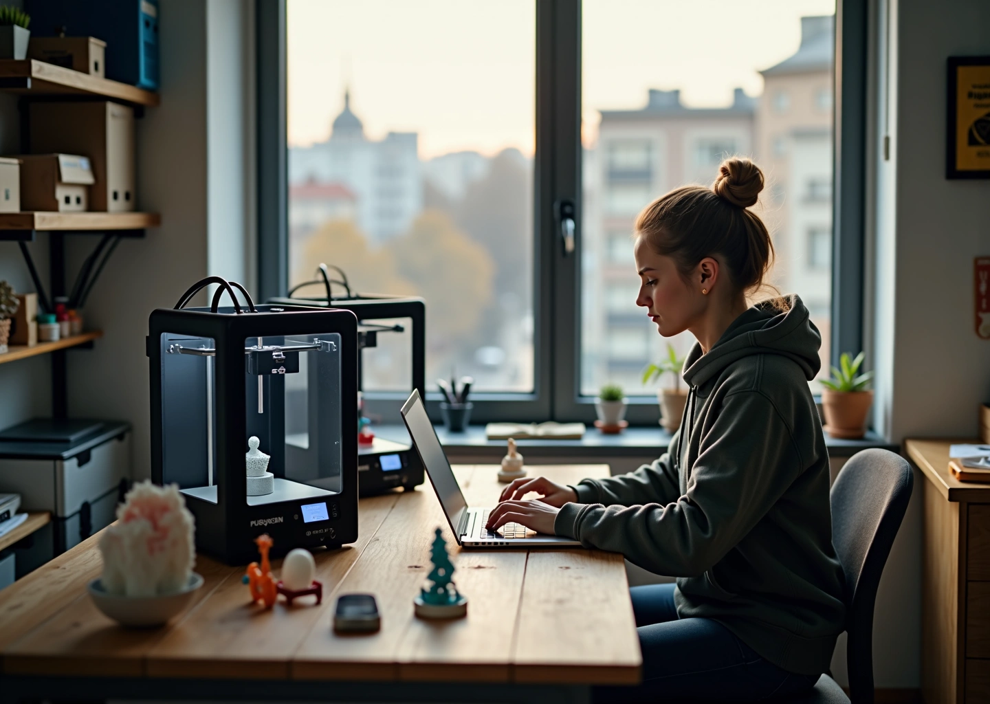 Мастерская малого бизнеса с настольными 3D принтерами, напечатанными изделиями и предпринимателем за ноутбуком