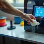 Крупный план 3D‑детали с нитями и техник, настраивающий ретракт на сенсорном экране принтера; катушки филамента и сушилка на заднем плане