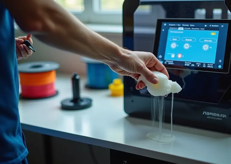 Крупный план 3D‑детали с нитями и техник, настраивающий ретракт на сенсорном экране принтера; катушки филамента и сушилка на заднем плане