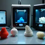 Три 3D принтера FDM SLA SLS и образцы напечатанных деталей на рабочем столе малого бизнеса