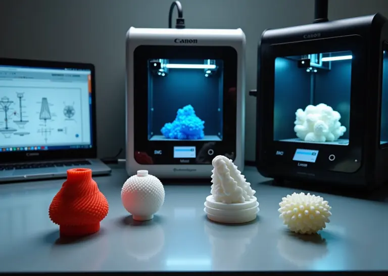 Три 3D принтера FDM SLA SLS и образцы напечатанных деталей на рабочем столе малого бизнеса