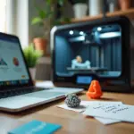 Мастерская малого бизнеса с ноутбуком, открытой страницей с 3D‑моделями и распечатанными образцами на столе; на заднем плане 3D‑принтер