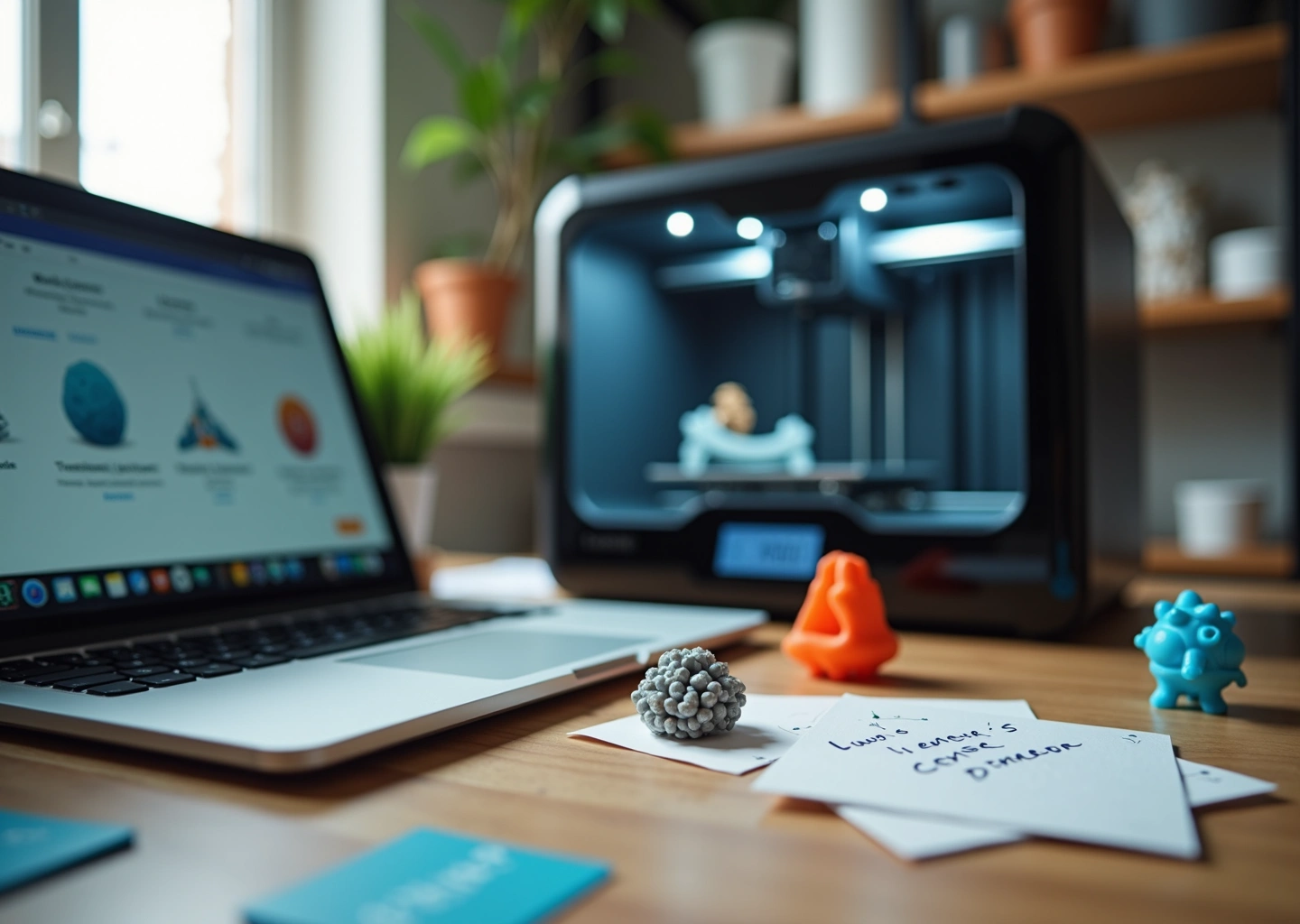 Мастерская малого бизнеса с ноутбуком, открытой страницей с 3D‑моделями и распечатанными образцами на столе; на заднем плане 3D‑принтер