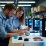 Рабочая мастерская с несколькими FDM принтерами, специалисты осматривают готовую 3D деталь, рулоны филамента и оборудование для постобработки на столе