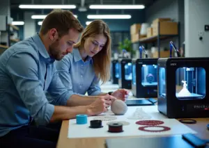 Рабочая мастерская с несколькими FDM принтерами, специалисты осматривают готовую 3D деталь, рулоны филамента и оборудование для постобработки на столе